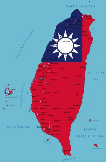 Vector illustration of Taiwan highly detailed political map with national flag isolated on white background.