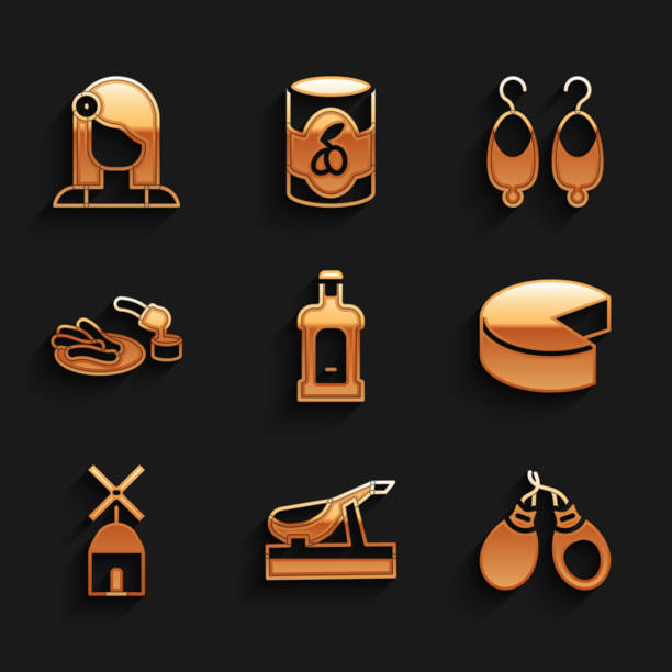 ilustrações, clipart, desenhos animados e ícones de conjunto orujo, jamão espanhol, castanholas, queijo, moinho de vento, churros e chocolate, brincos e ícone da mulher. vetor - beautiful glass gold traditional culture