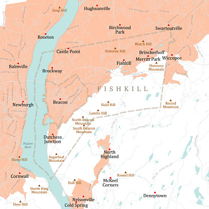NY Dutchess Fishkill Vector Road Map. All source data is in the public domain. U.S. Census Bureau Census Tiger. Used Layers: areawater, linearwater, roads, rails, cousub, pointlm, uac10. https://www.census.gov/geographies/mapping-files/time-series/geo/tiger-line-file.html