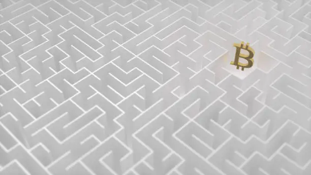Bitcoin sign on the white labyrinth background. Maze and money, business 3d illustration.