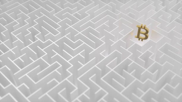 White maze with bitcoin sign stock photo