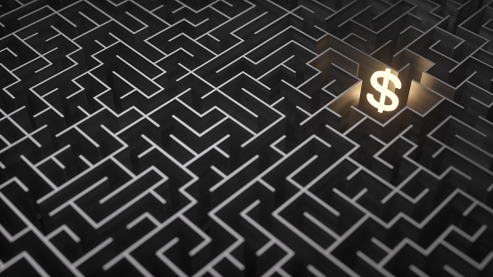 Dollar sign on the black labyrinth background. Maze and money, business 3d illustration.