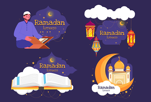 Young islamic man Praying the Quranon with Blue masjid on yellow Background, Islamic Mosque, Design for Greeting Card or poster for Ramadan Kareem, Vector illustration