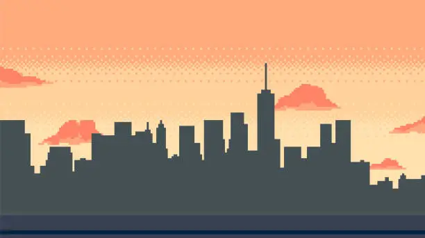 Vector illustration of Pixel art city landscape at sunset. Morning cityscape with cloudy sky for 8bit game. Vector background.