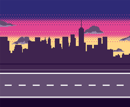 Pixel art road with city silhouette, clouds. Sunset or sunrise gradient background. Background for racing
