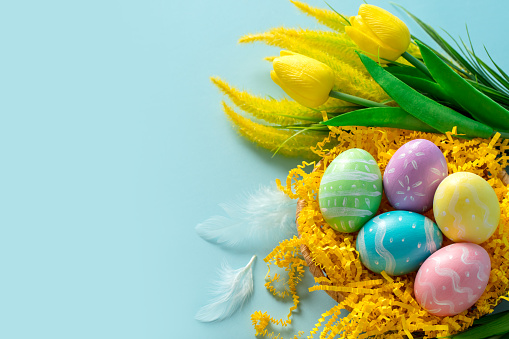 Easter Festival Backgrounds with colored eggs on white background with copy space, Minimal Concept