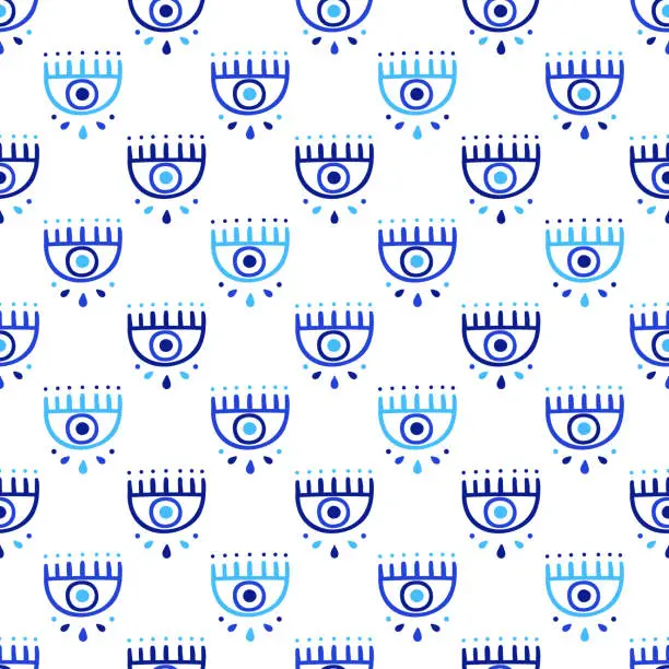 Vector illustration of Background of Turkish evil eye symbols. Ethnic style blue greek protection from the spoilage signs. EPS 10 vector seamless pattern for wrapping paper, textile, package or bed linen print