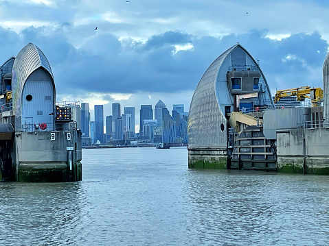 A view of the Thames Barrier and the City from the Greenwich Pensinsula