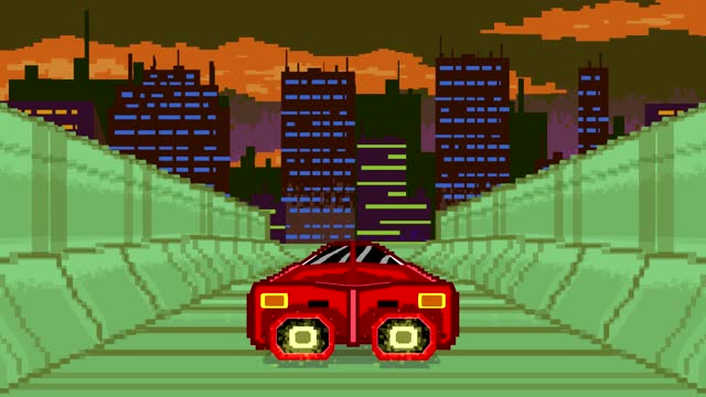 Animated video of futuristic car game in old style 8 bits, city, arcade, pixel art.
