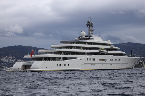 Bodrum, Turkey, 05 February  2023: The giant superyacht Eclipse, owned by Russian businessman Roman Abramovich, anchored in Bodrum's