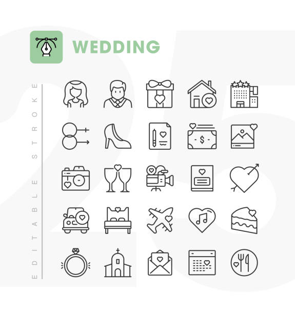 Wedding Line Icon Set. Editable Stroke. Pixel Perfect. This set contains icons of Church, Honeymoon, Groom, Bride and such. wedding decoration for church background stock illustrations