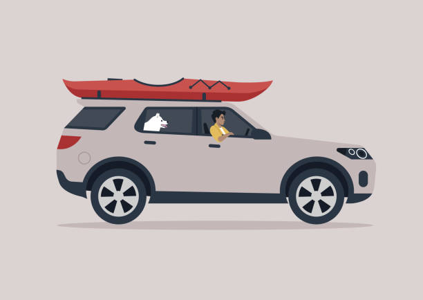 A young character traveling with their dog, a kayak boat fixed to a roof rack of the car, road trip A young character traveling with their dog, a kayak boat fixed to a roof rack of the car, road trip rafting kayak kayaking river stock illustrations