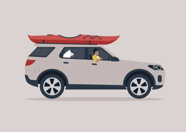 Vector illustration of A young character traveling with their dog, a kayak boat fixed to a roof rack of the car, road trip