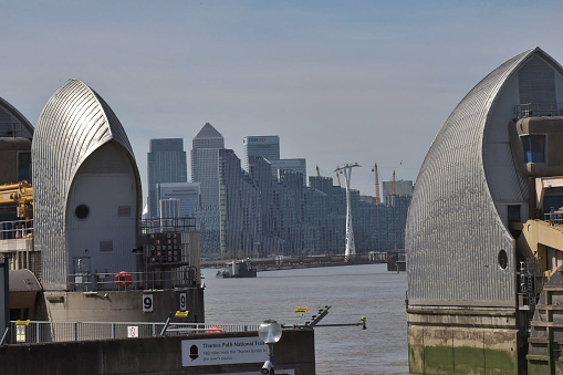 A view of Docklands through the Thames Barrier, from the Greenwich Peninsula