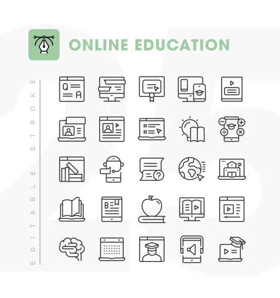 Vector illustration of Online Education Line Icon Set. Editable Stroke. Pixel Perfect.