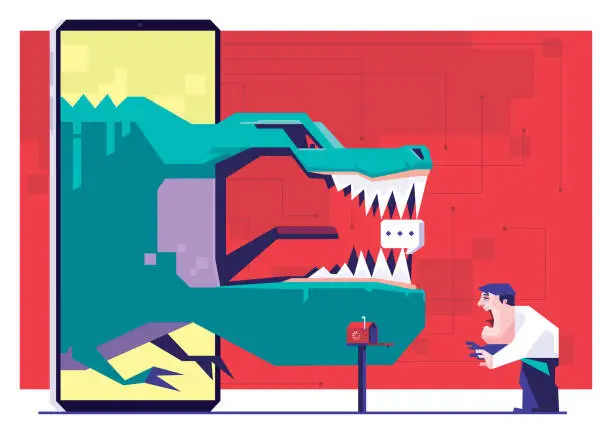 Vector illustration of usinessman shocking while meeting dinosaur carrying speech bubble on smartphone