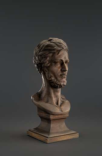 A bronze bust of Adam Mickiewicz (1798–1855), was the greatest poet of Polish Romanticism, 1800s. from side view, 3d Rendering, single object