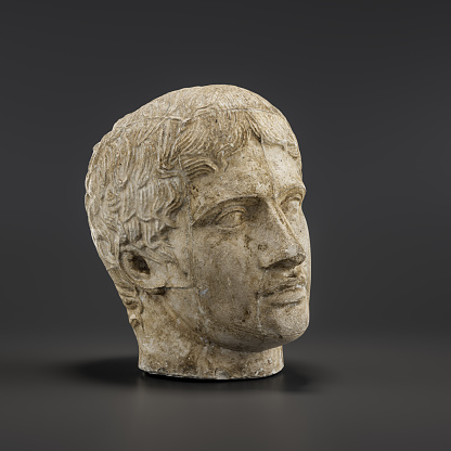 Plaster cast of an ancient sculpture. The head of Doryphoros found in Pompeii. 1st or 2nd century. Ancient Greek of Classical antiquity figure. from side view, 3d Rendering, single object