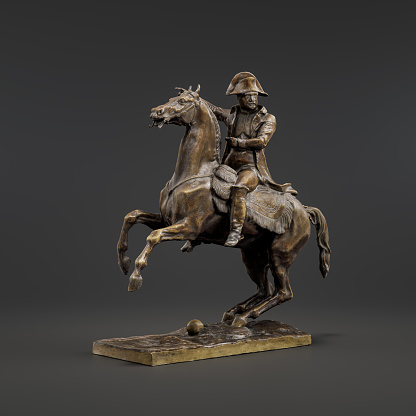 Napoleon on a Horse. Metal sculpture, historic monument, classical art piece, from side view, 3d Rendering, single object
