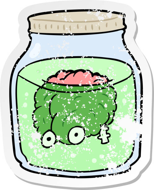 distressed sticker of a cartoon spooky brain in jar distressed sticker of a cartoon spooky brain in jar brain jar stock illustrations