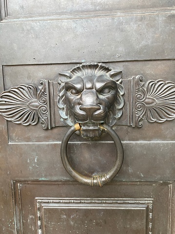 old knock door lion head on wooden brown antique door with metal knocker decorative furniture