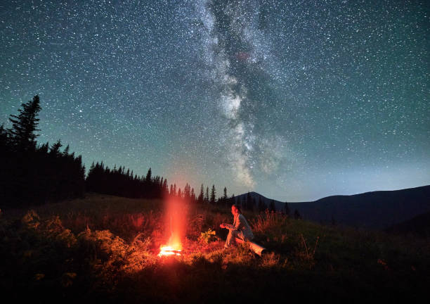 istock Young woman warming up next to camp fire. 1477784131
