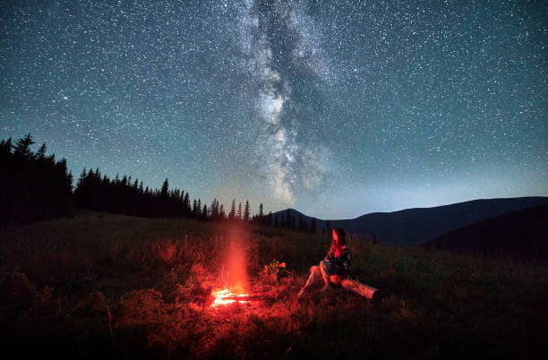istock Young woman warming up next to camp fire. 1477784166