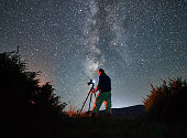 Professional photo shoot of Milky Way in mountains.