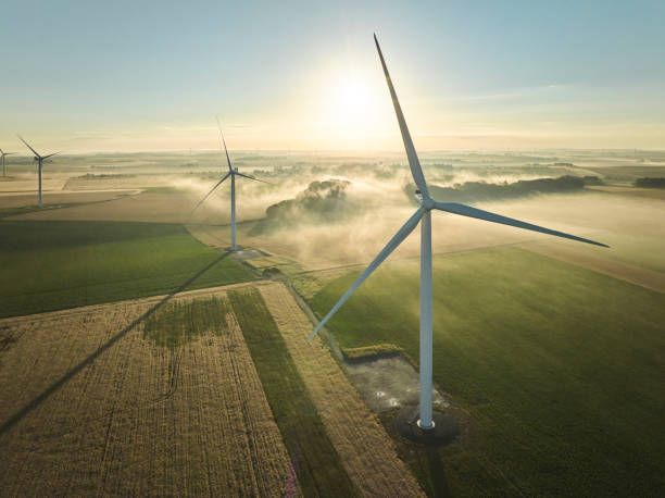 wind turbine - scenics landscape windmill sunrise imagens e fotografias de stock