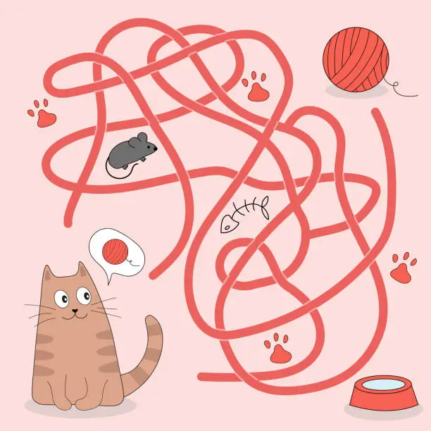 Vector illustration of Help cute cat find path to ball of thread. Labyrinth. Maze game for kids. Messy line children logic game. Confusing path lines vector illustration.