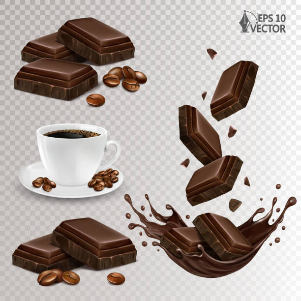 realistisches vektor-schokoladen-set. heißer espresso mit kaffeebohnen. dunkle schokoladenstücke, die in einen flüssigen spritzer fallen. illustration von lebensmitteln. - falling beans stock-grafiken, -clipart, -cartoons und -symbole