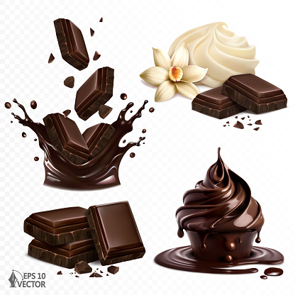 Dark chocolate pieces falling into a liquid splash. Realistic chocolate cake with cream. Vanilla dessert. 3d vector illustration icon set