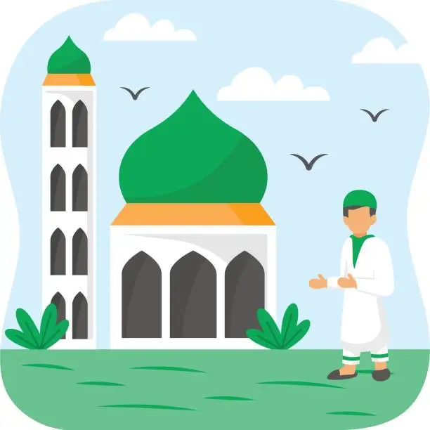 Vector illustration of Muslim Kids going to Mosque concept,  Eid Prayer vector icon Design, Ramazan and Eid al-Fitr Symbol, Islamic and Muslims fasting Sign, Arabic holidays celebration stock illustration