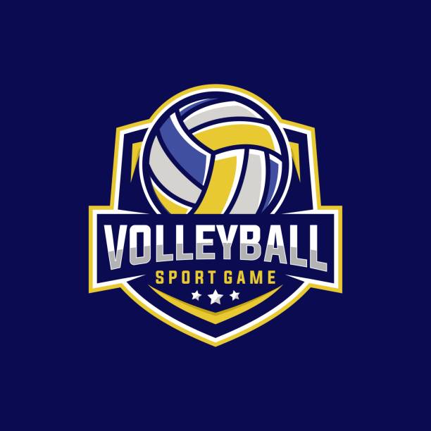 ilustrações, clipart, desenhos animados e ícones de modelo vetorial de crachá de vôlei. ilustração gráfica de voleio esportivo no estilo de patch do crachá do emblema. - volleyball sport volleying silhouette