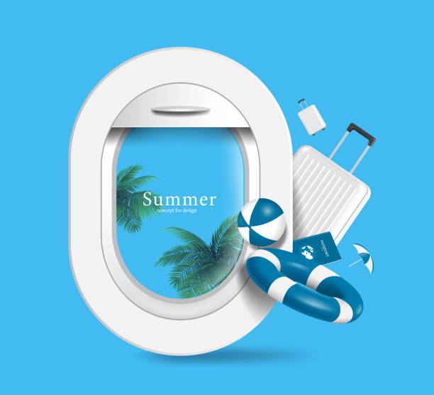 Airplane window and outside views are coconut trees and sea, and there are luggage, passport, lifebuoys, and inflatable ball next to it Airplane window and outside views are coconut trees and sea, and there are luggage, passport, lifebuoys, and inflatable ball next to it ,vector 3d isolated on blue background for travel summer concept progress window stock illustrations