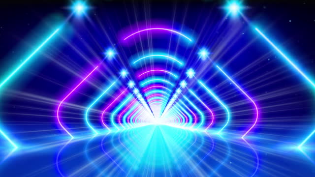 Glowing neon lines, tunnel, led arcade. Bright stage light. Pink blue purple corridor glowing neon arch, perspective.  Abstract technology background, virtual reality. Design element, vj loop, seamless