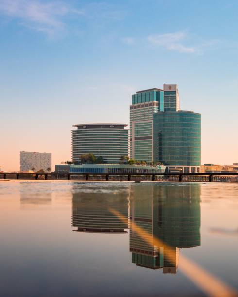 istock Buildings reflecting in a tranquil pond under a sunset sky in Dubai, UAE. 1477795856