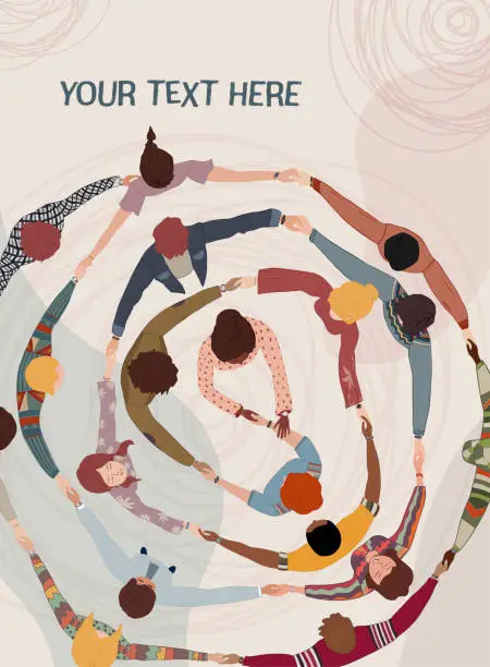 Vector illustration of Multicultural volunteer people in circle holding hands. Support and assistance. NGO. Aid. Solidarity charity and donation. Give and help. Poster banner template. No profit.People diversity