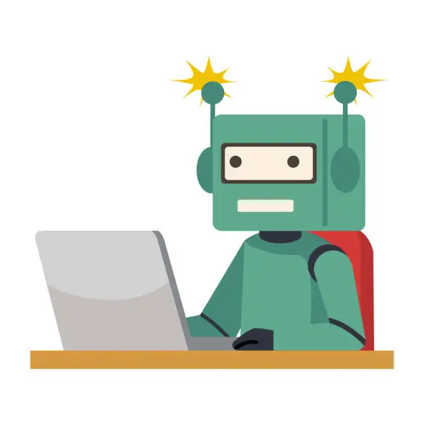 Vector illustration of Robot doing  work with laptop