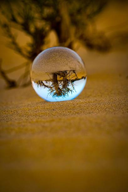 istock Glass ball resting on sands in a natural environment, with blurred trees in background 1477797074