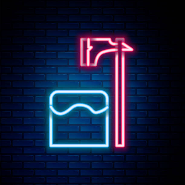 Glowing neon line Executioner axe in tree block icon isolated on brick wall background. Hangman, torturer, executor, tormentor, butcher, headsman. Colorful outline concept. Vector Glowing neon line Executioner axe in tree block icon isolated on brick wall background. Hangman, torturer, executor, tormentor, butcher, headsman. Colorful outline concept. Vector. medieval torture drawings stock illustrations