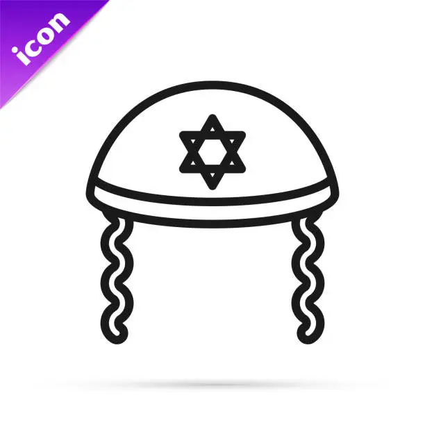 Vector illustration of Black line Jewish kippah with star of david and sidelocks icon isolated on white background. Jewish yarmulke hat. Vector