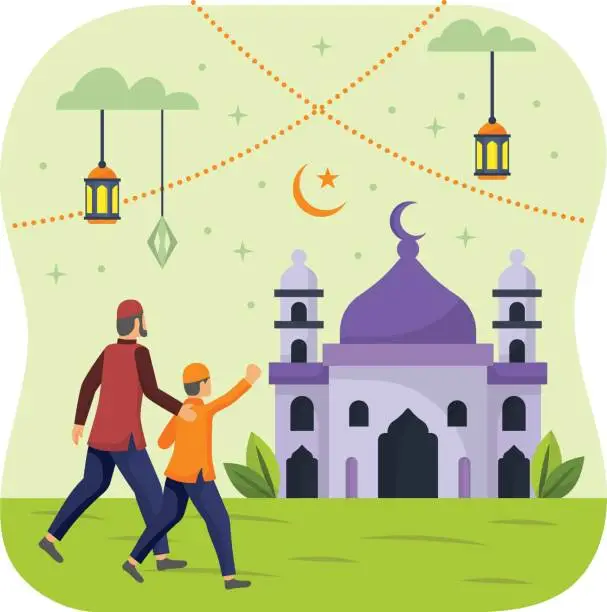 Vector illustration of Father And Son Walking Towards A Mosque concept, Children going  Prayer-Salat-ul-`Eidayn vector icon Design, Ramazan and Eid al-Fitr Symbol, Islamic and Muslims fasting Sign Arabic holiday celebration