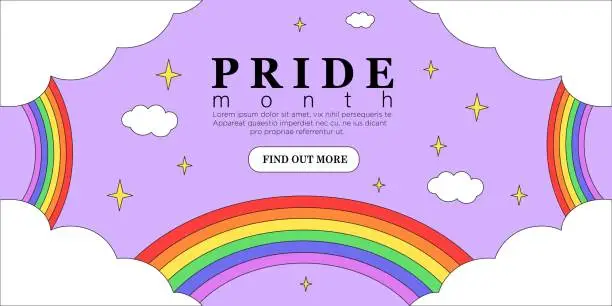 Vector illustration of Lgbt pride month day festival banner, landing page, greeting post card, placard, flyer or poster. Lgbtq event invitation with rainbow and clouds on purple background in trendy outline cartoon style.