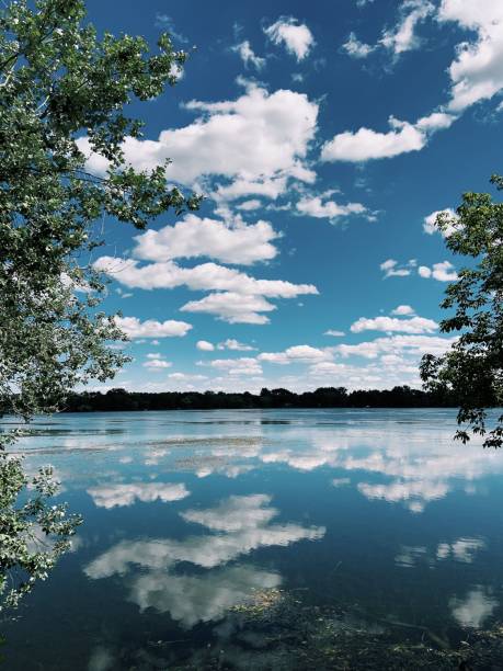 istock a blue sky and clouds reflected on a calm lake with trees on either side 1477810410