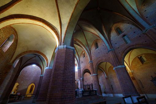 Morimondo, Italy - February 4, 2023: Interior of the medieval abbey of Morimondo, Milan province, Lombardy, Italy