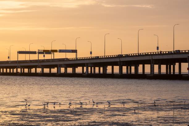 istock Bustling bridge situated in front of a tranquil ocean with golden sunset in background 1477811561