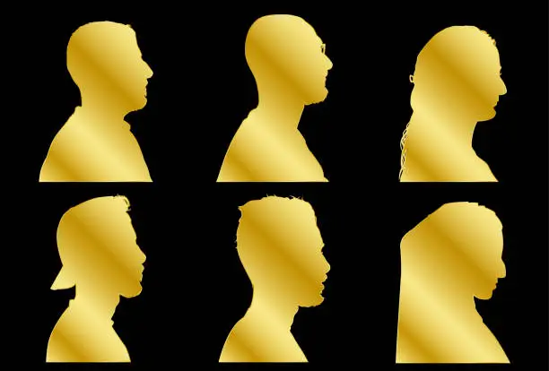 Vector illustration of Golden portrait silhouette in profile on a black background.