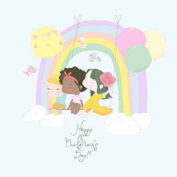 мультфильм счастливые дети, качающиеся на радуге. день защиты детей - rainbow preschooler baby child stock illustrations