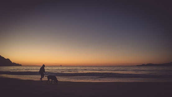 Silhouette of a woman and her pet dog walking on the beach at sunset in San Francisco, California